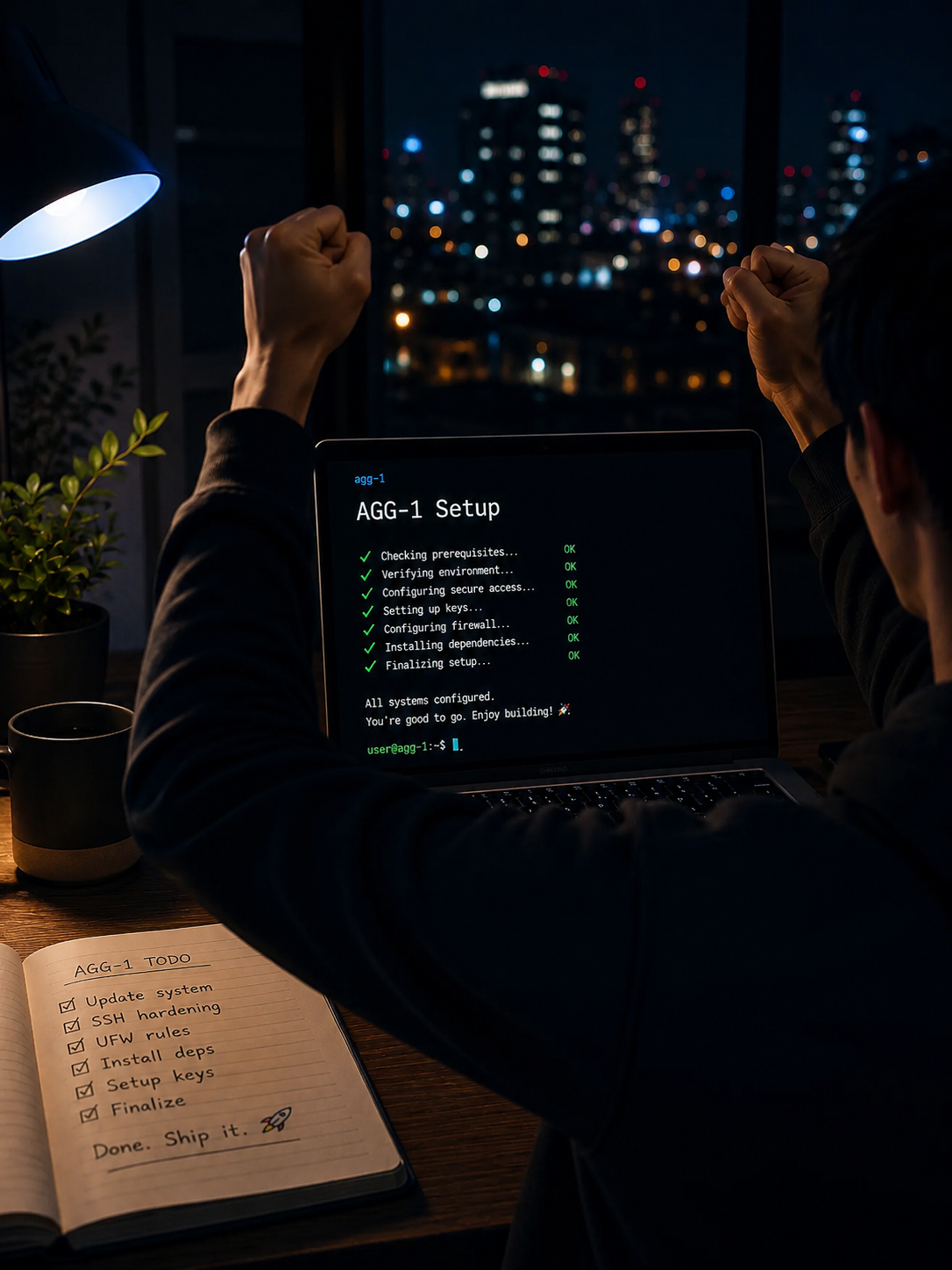 A supported AGG setup session on a laptop at night