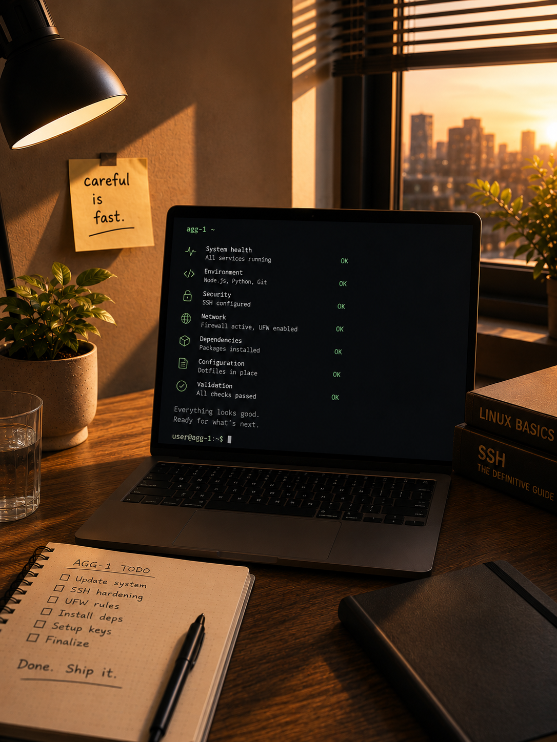 A setup checklist running on a desk workstation