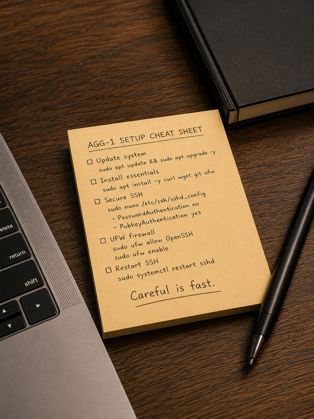 Handwritten setup notes next to a terminal